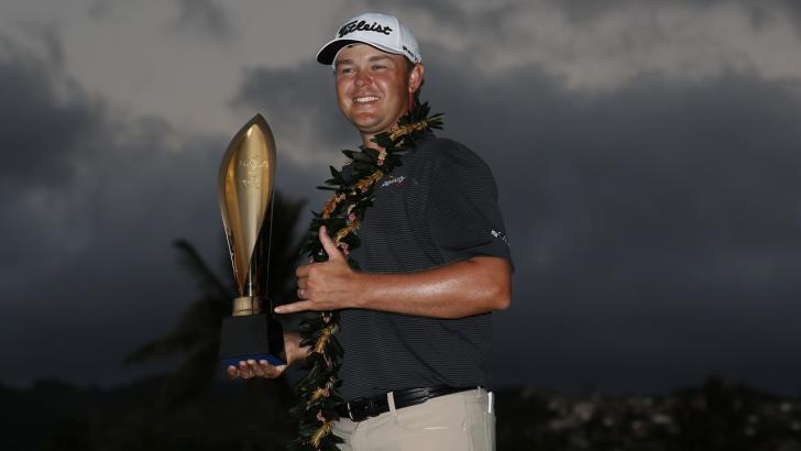 Patton Kizzire with the Sony Open trophy